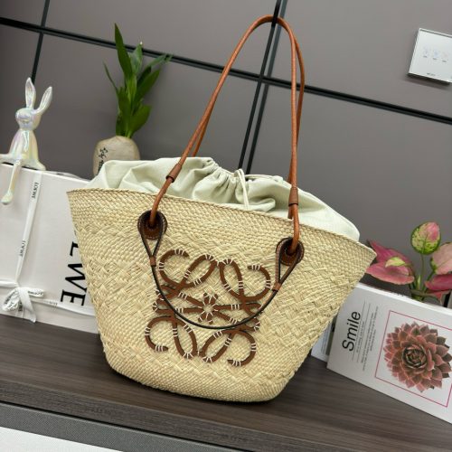 Iraka Palm Fiber and Cow Leather Anagram Basket Handbag